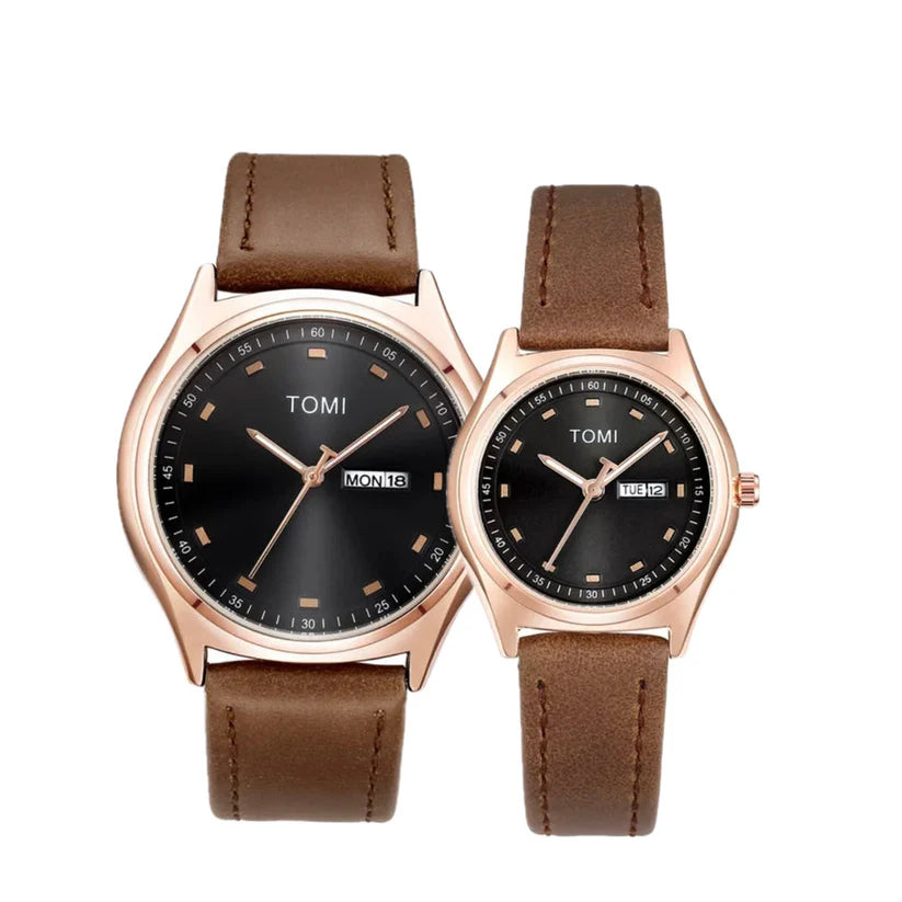 TOMI T-030 Couple Watch Date Day Leather Straps