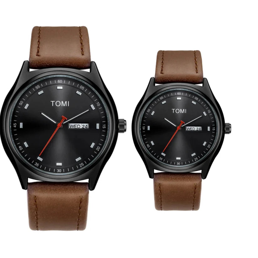 TOMI T-030 Couple Watch Date Day Leather Straps