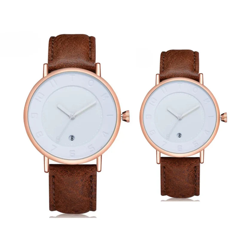 TOMI T-085 Couple Watch Date Quartz Leather Straps